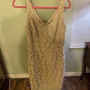 Ralph Lauren Tan V-Neck Sheath Lace-Overlayed Mini Dress